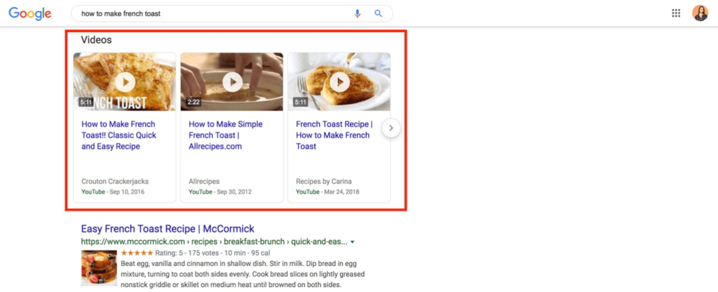 When searching for video content, search results may display video thumbnails alongside the text description