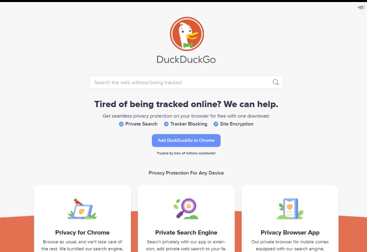 Homepage of DuckDuckGo 