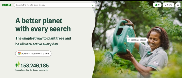 Homepage of Ecosia search engine 
