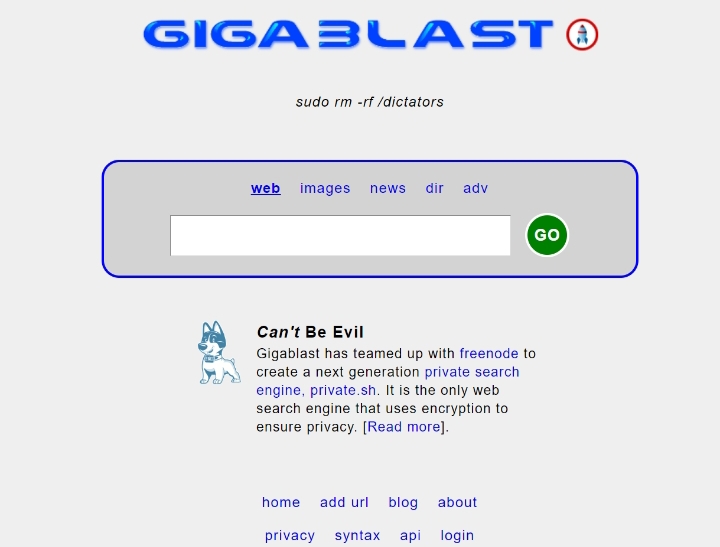The homepage of Gigablast search engine 